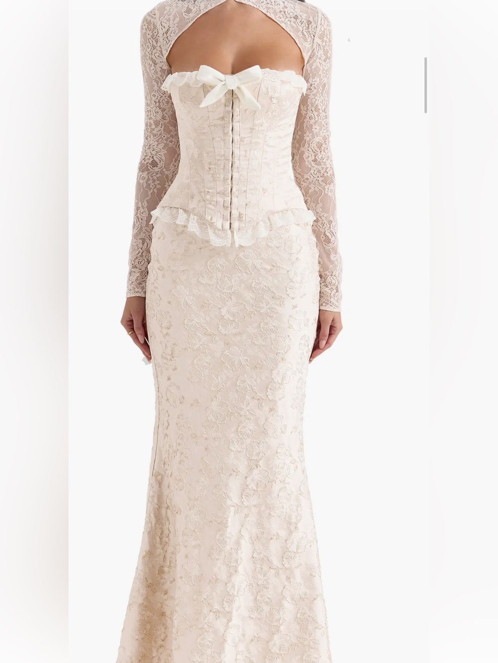 House of CB Ivory Lace Long Sleeve Corset Mermaid Dress. top size M. skirt xs